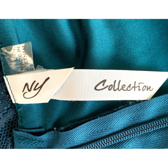 NY COLLECTION SPARKLY TEAL LACE EVENING GOWN & PEARL NECKLINE. WOMEN’S SIZE L - Picture 8 of 10